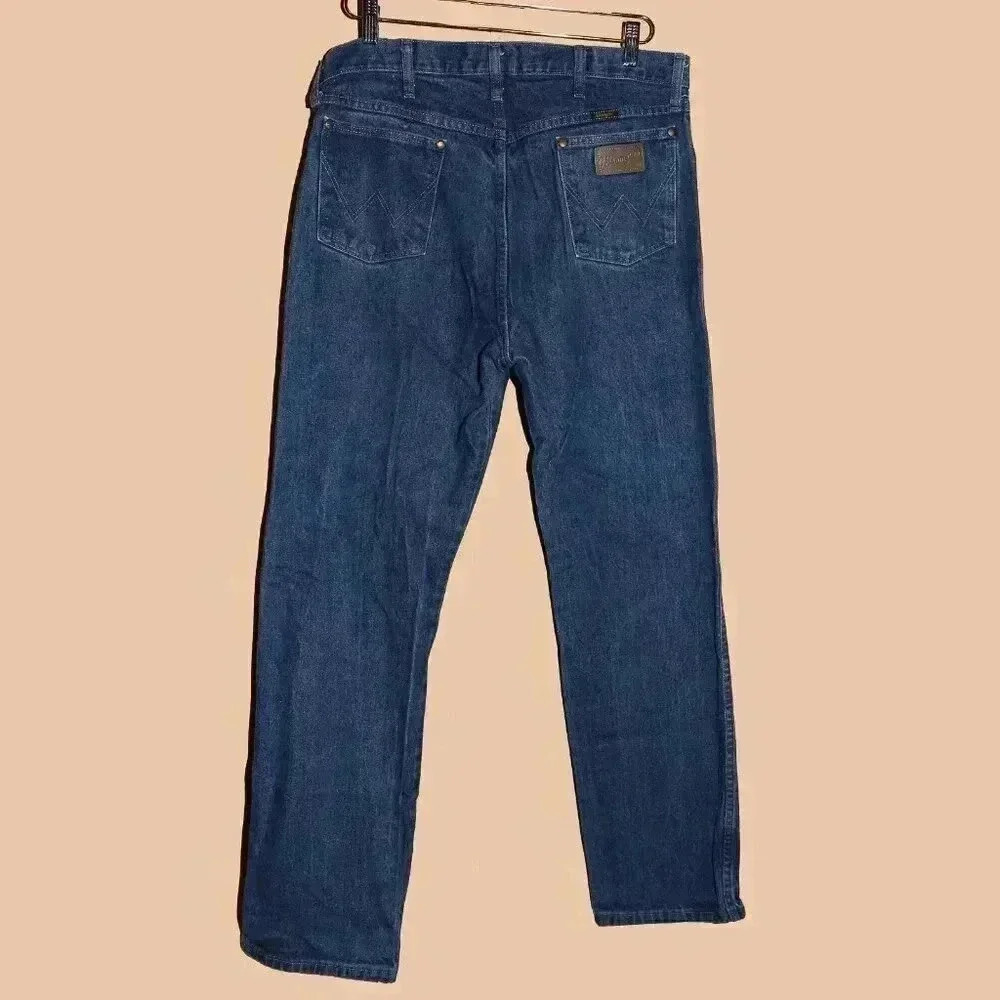 Wrangler‎ Dark Classic Distressed Jeans Size 35x34 Denim Straight Leg Pants